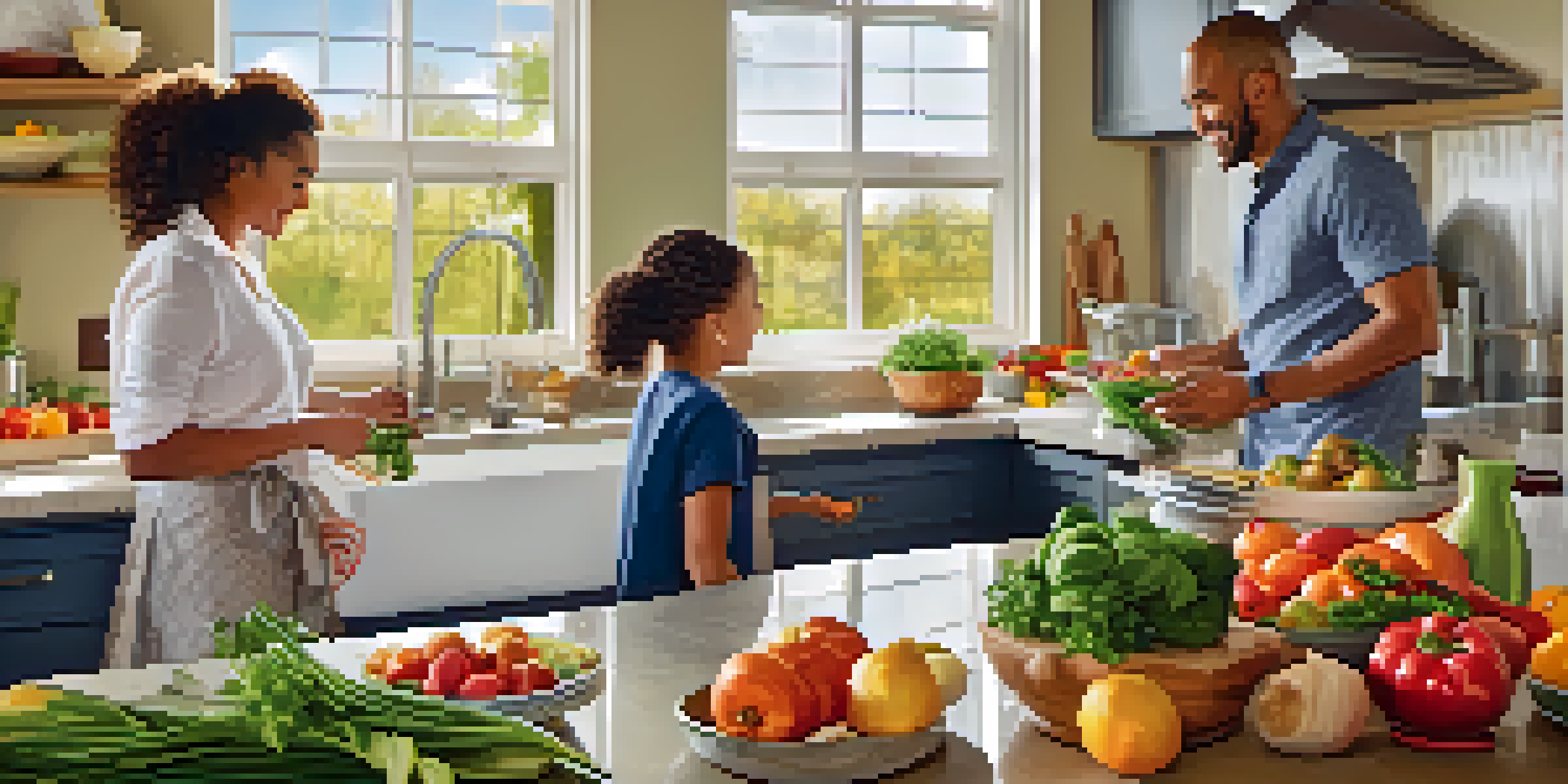 A family cooking in a bright kitchen with fresh produce from a local farm on the countertop.