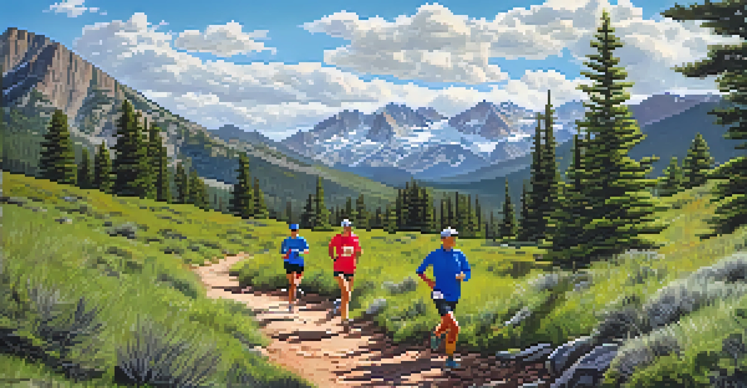 A group of diverse trail runners on a rocky path in Colorado, showcasing beautiful mountain scenery and a clear sky.