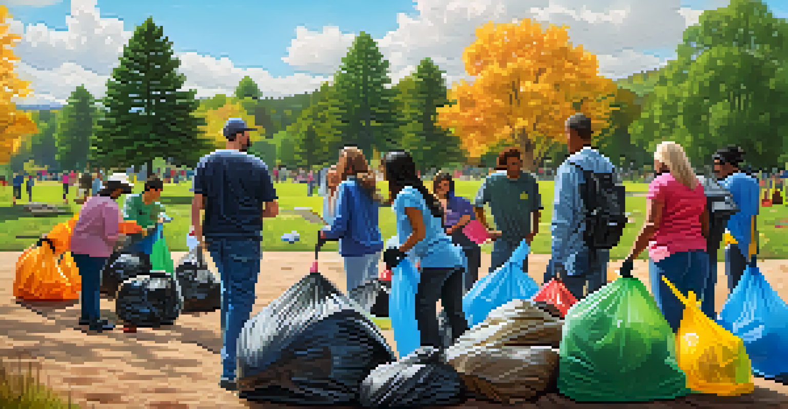 A diverse group of individuals engaged in a community clean-up in a park, surrounded by trees and colorful trash bags.