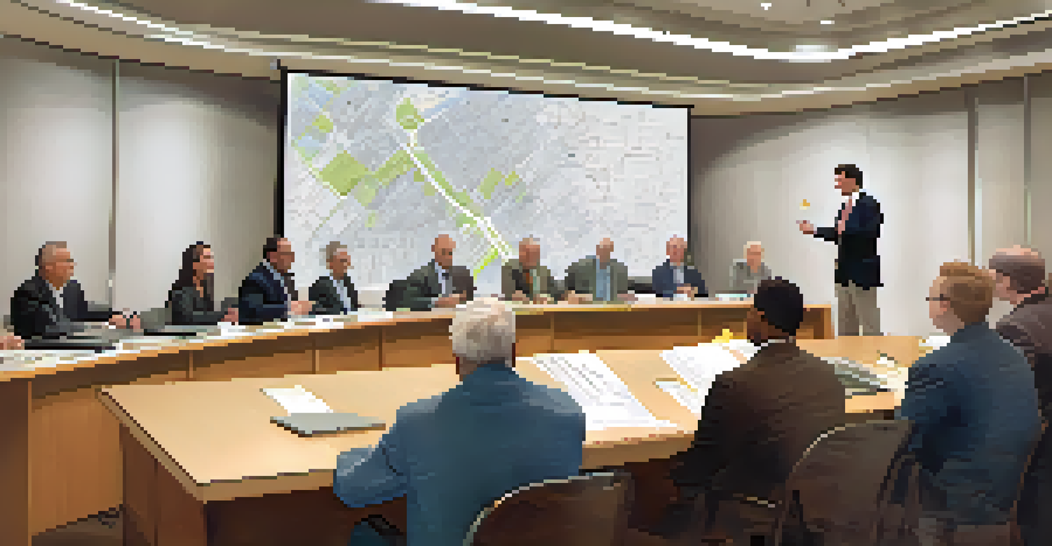 A developer presenting a zoning proposal to a city council meeting with community members in attendance.