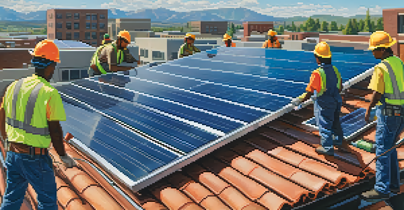 A diverse team of workers installing solar panels on a rooftop in Colorado.
