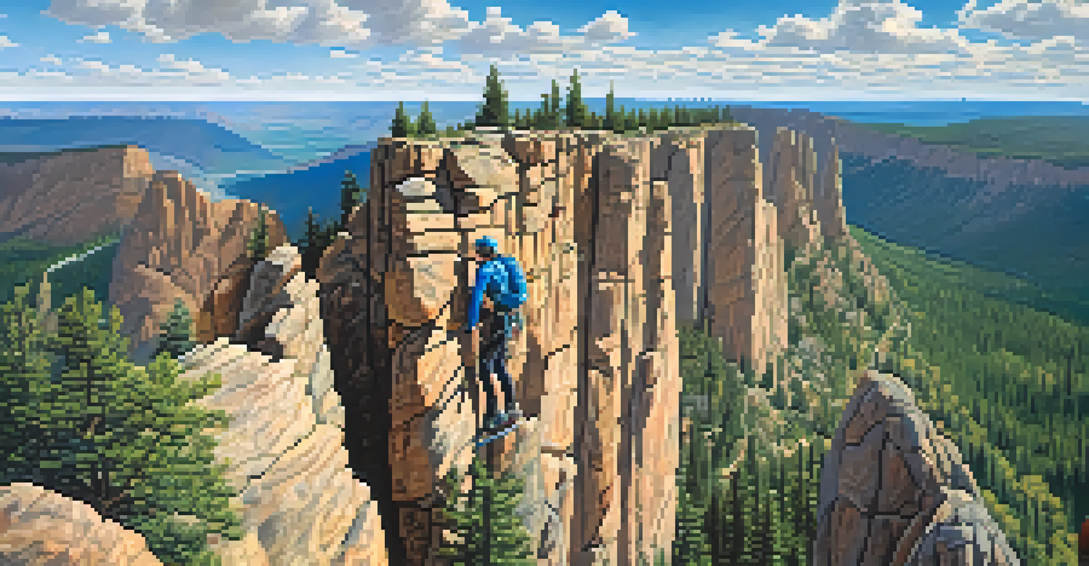 A climber scaling a steep cliff with a breathtaking view of the Colorado landscape, featuring vibrant blue skies and rugged terrain.