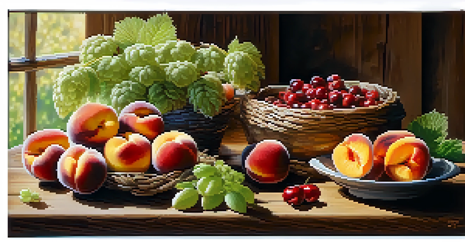 A collection of local Colorado ingredients for brewing, including hops, barley, and fresh fruits, arranged on a wooden table.