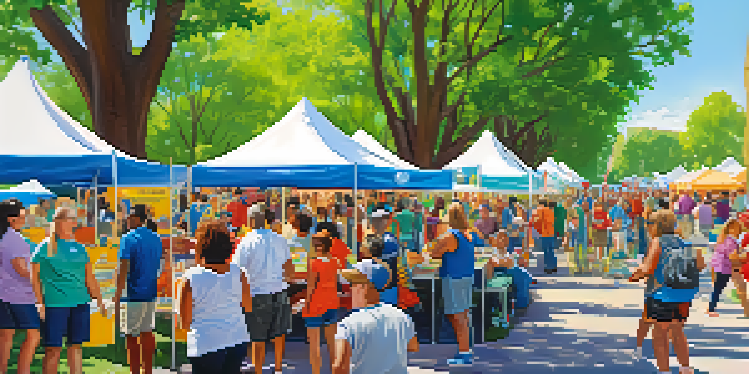 A lively community health fair in Colorado's park with colorful booths and diverse families participating in health activities.
