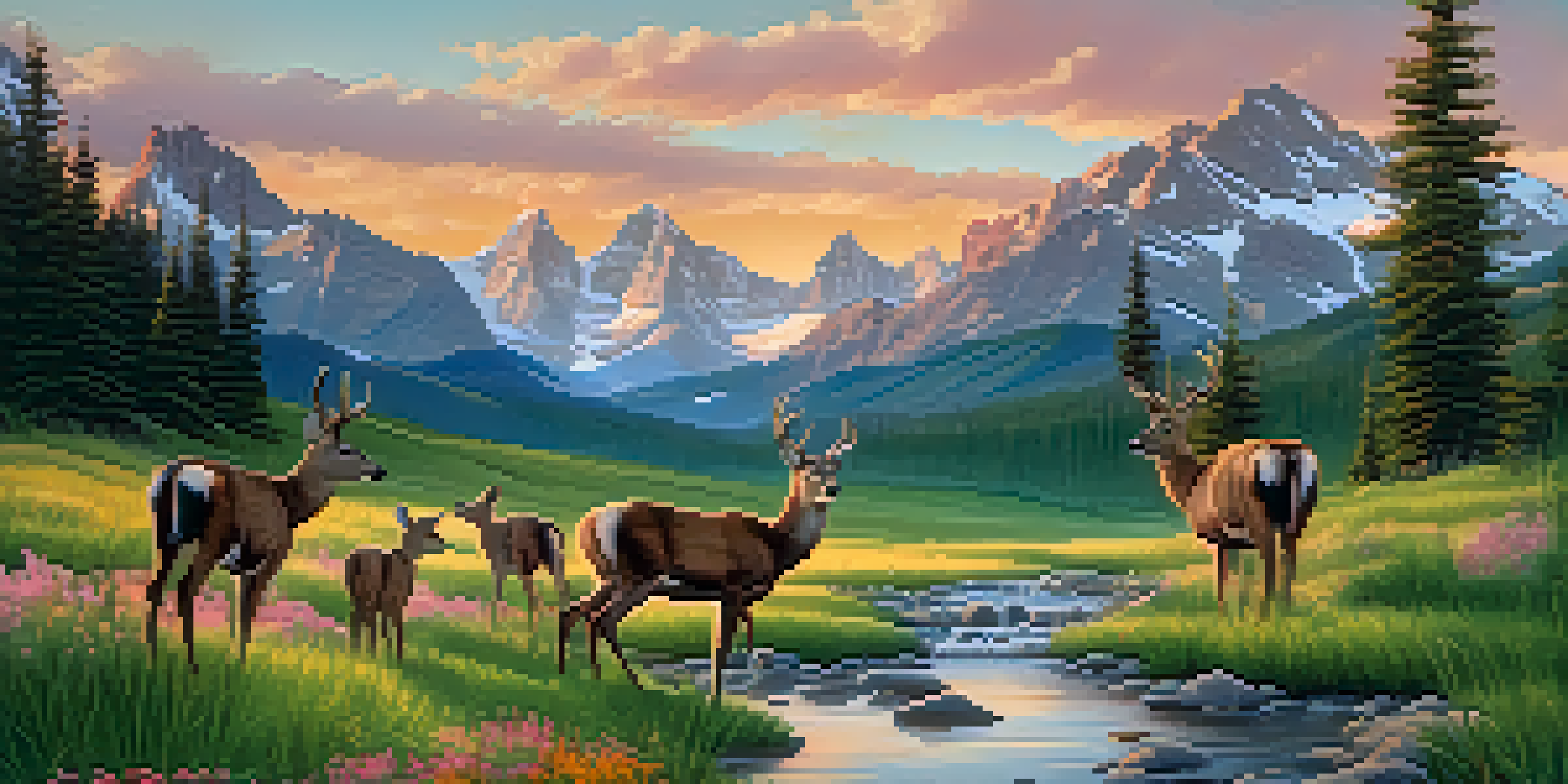 A picturesque view of the Rocky Mountains at sunset with wildflowers and deer in the foreground.