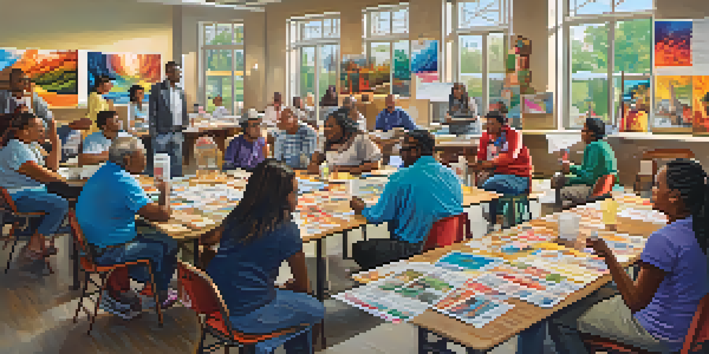 A diverse group of community members engaged in a workshop about disaster preparedness, surrounded by colorful materials and posters, with natural light illuminating the space.