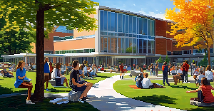 A lively community college campus with diverse students studying, attending lectures, and engaging in discussions under a sunny sky.