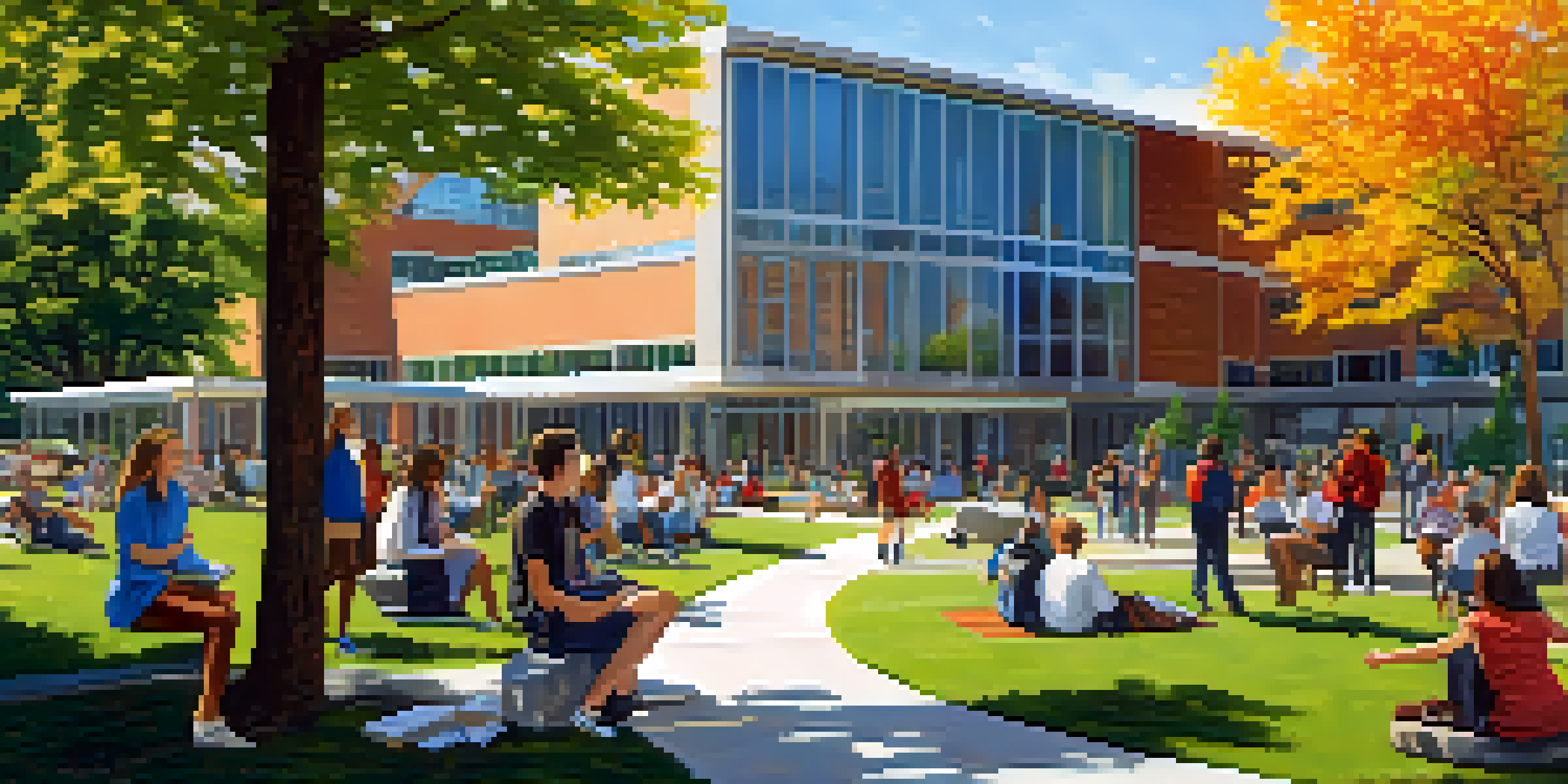 A lively community college campus with diverse students studying, attending lectures, and engaging in discussions under a sunny sky.