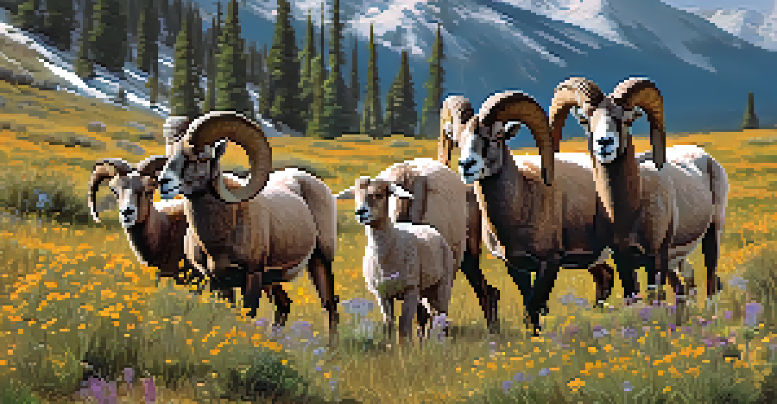 A group of Rocky Mountain Bighorn Sheep grazing in a meadow filled with wildflowers and mountains in the background.