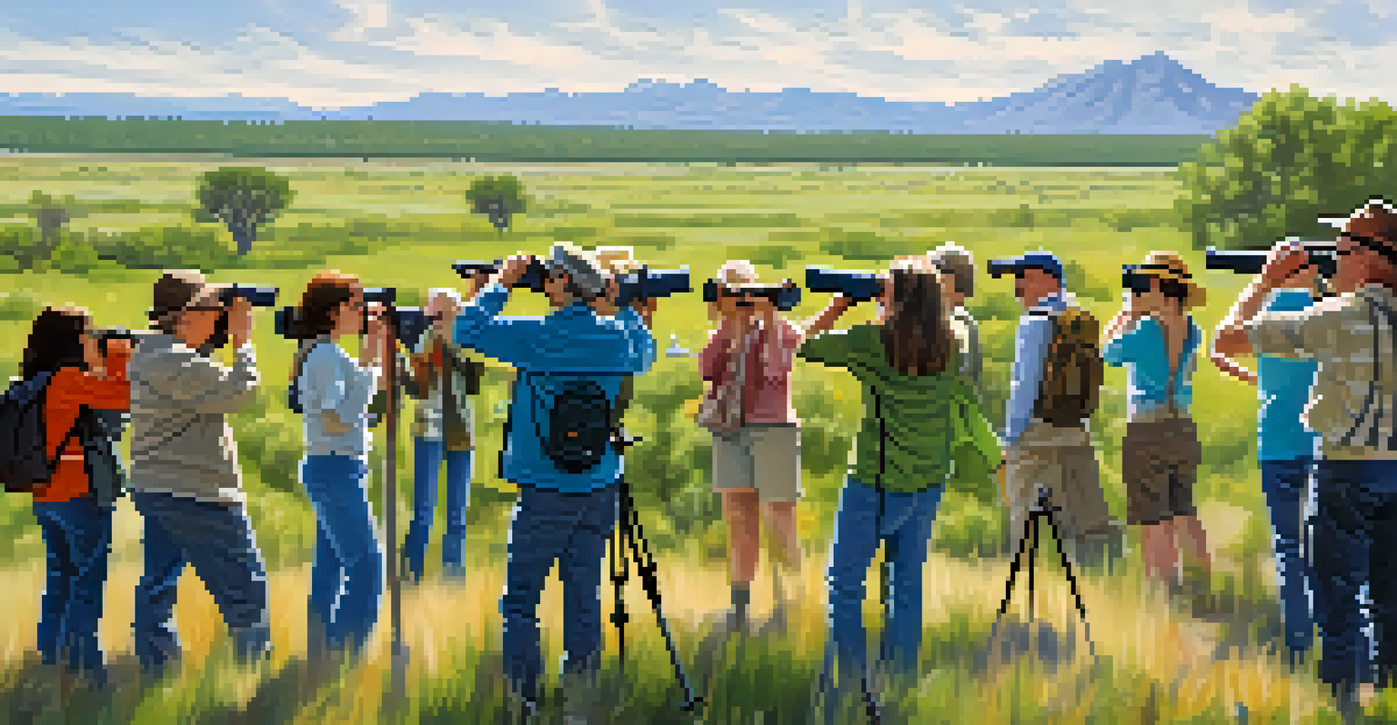 A diverse group of birdwatchers in Colorado, intently observing birds with binoculars amidst a beautiful natural setting.