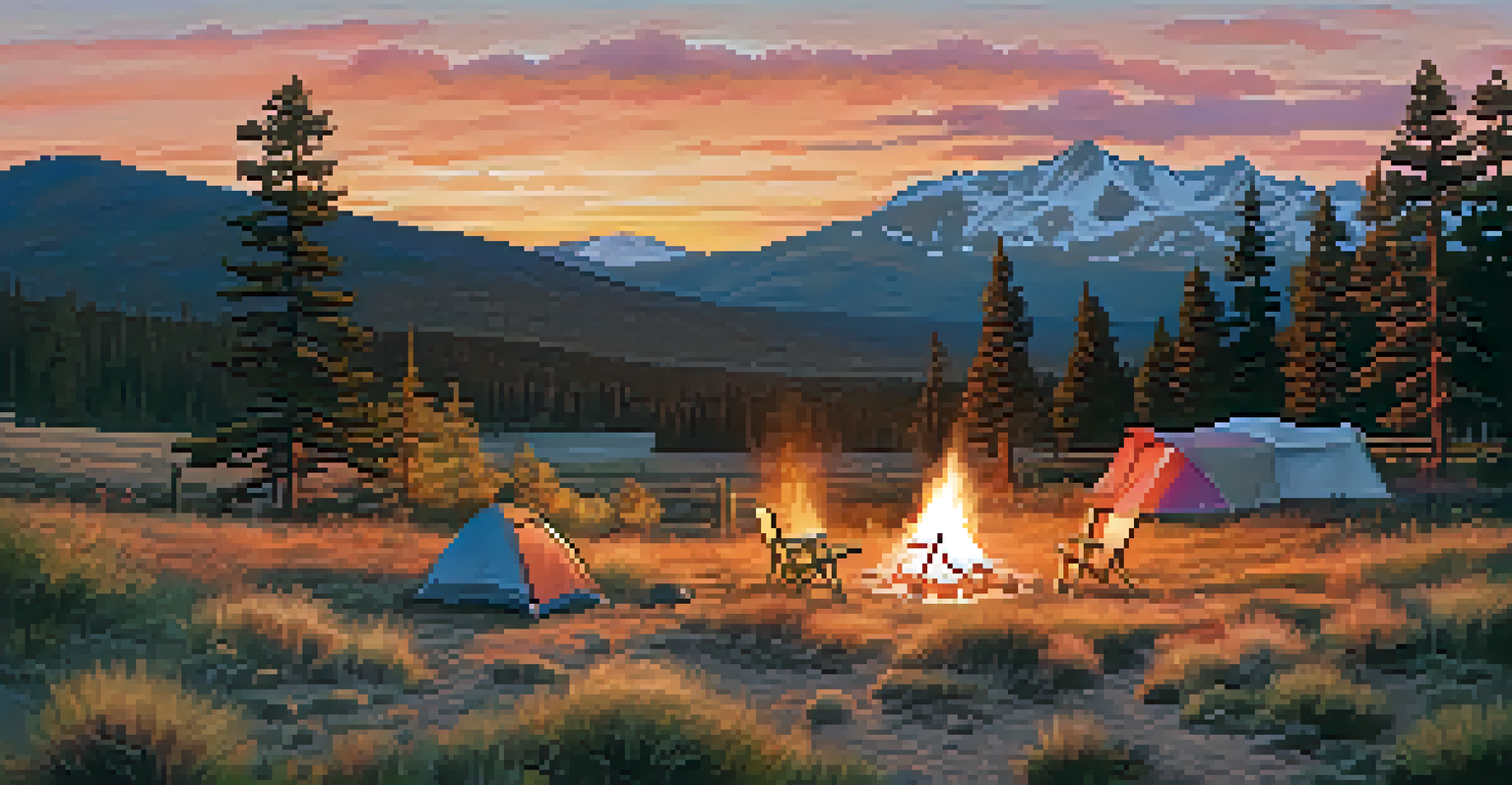 A stunning sunset view of Mueller State Park with snow-capped mountains, a campsite with a fire, and surrounding pine trees and wildflowers.