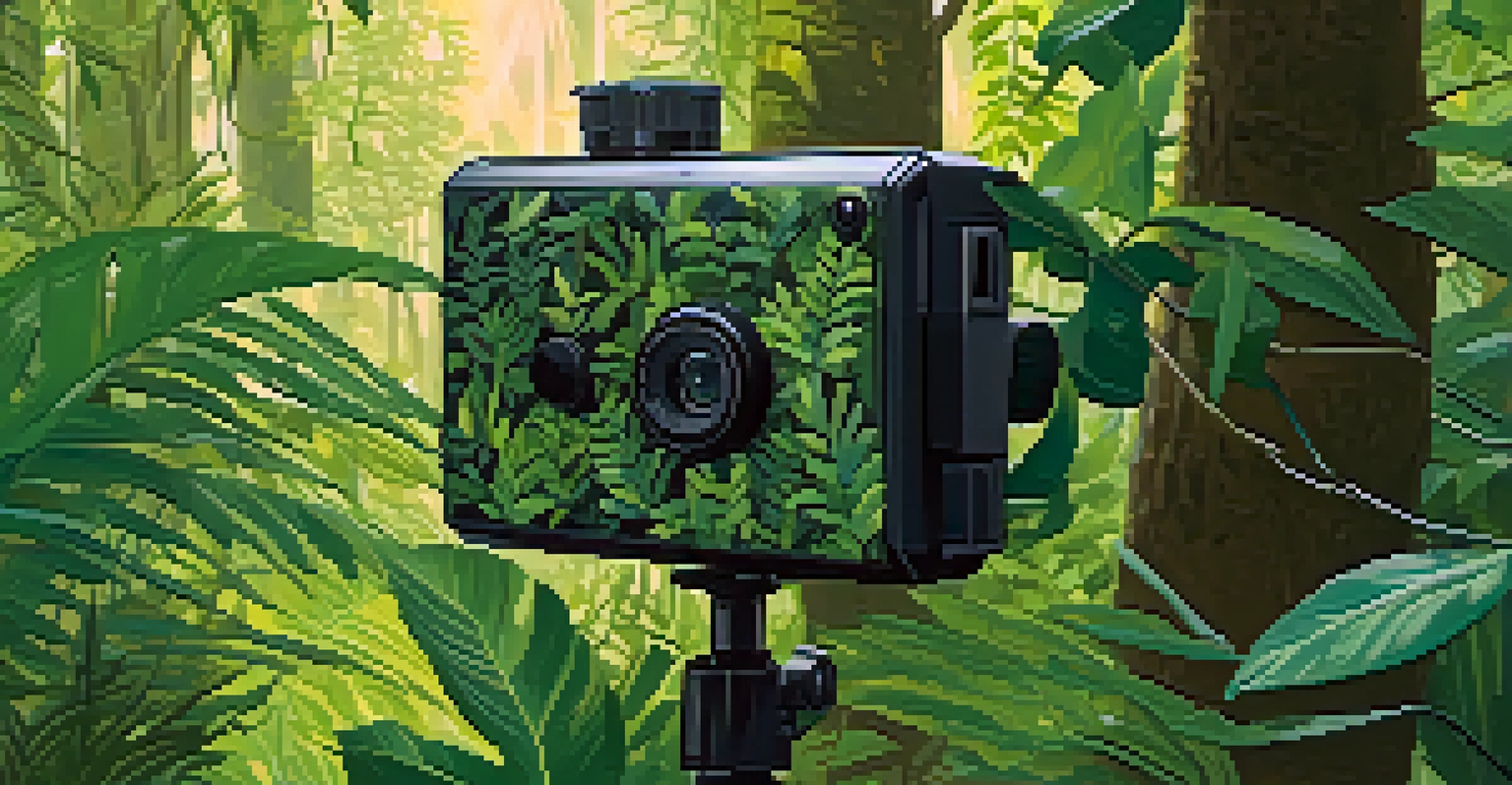 A close-up of a camera trap hidden in the rainforest foliage, with a silhouette of an animal visible in the background.