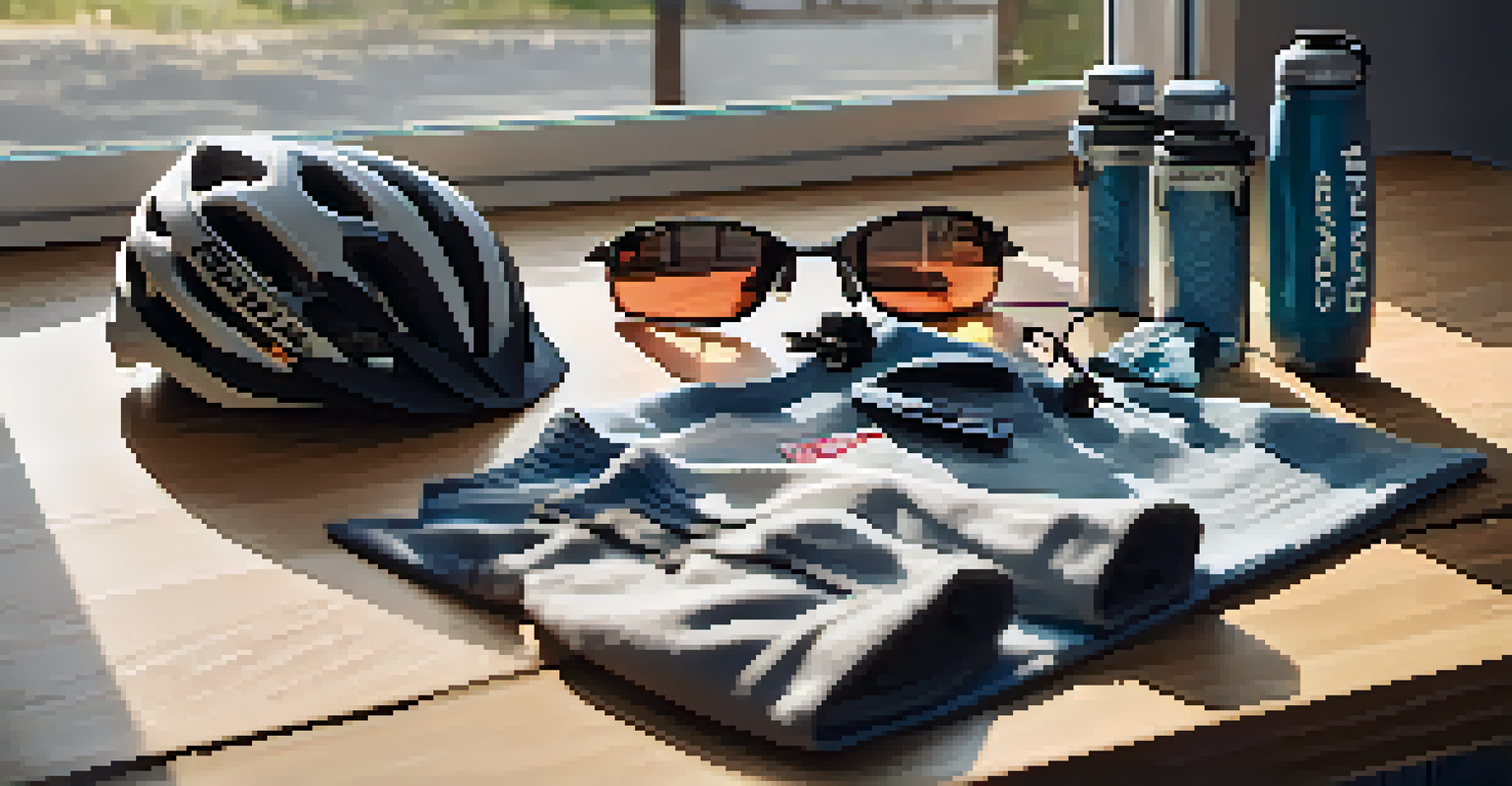 Close-up of cycling gear including a road bike, helmet, water bottle, and repair kit on a wooden table with natural light.