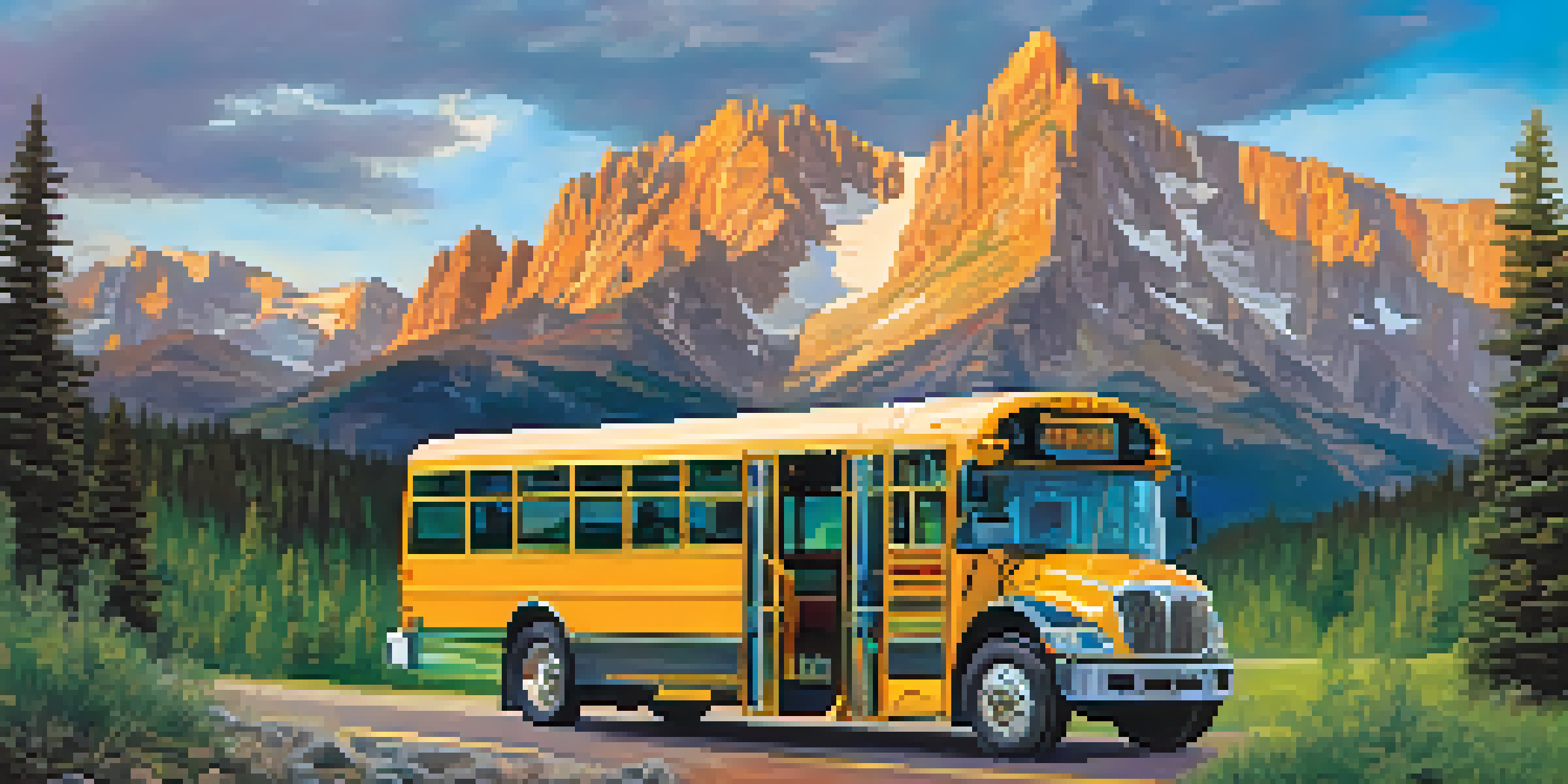 A colorful bus driving through the Rocky Mountains, surrounded by trees and mountains under a bright sky.