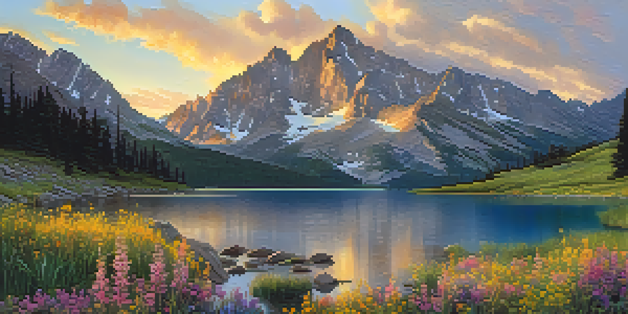 A breathtaking sunrise over the Rocky Mountains, with a calm lake reflecting the peaks and colorful wildflowers in the foreground.