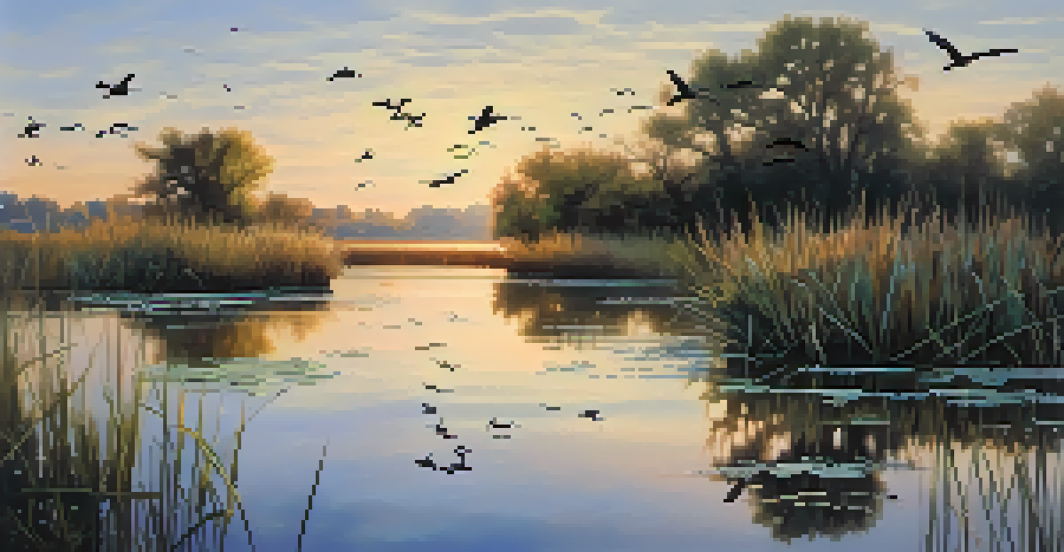 A tranquil wetland habitat in Colorado at dawn with still water reflecting the sky and birds taking flight.