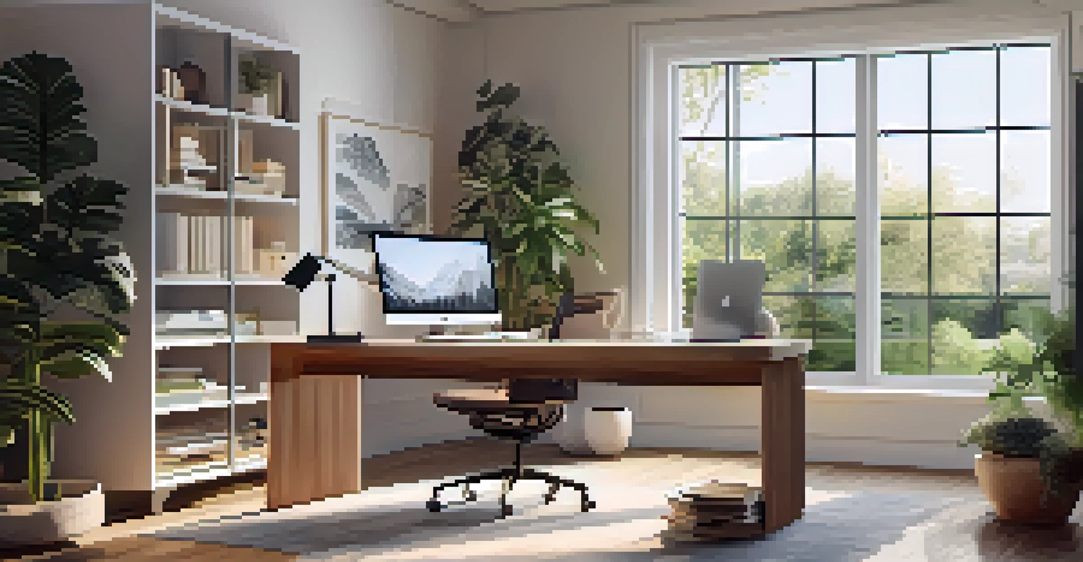 A modern home office setup with large windows, a desk with a laptop, and greenery, creating a bright and peaceful workspace.