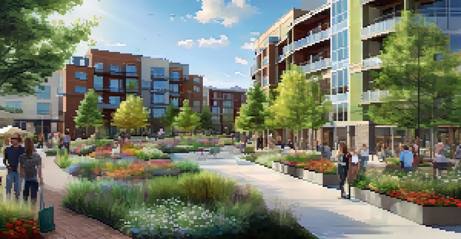 A colorful mixed-use development with green buildings and pedestrian-friendly areas surrounded by trees and flowers, reflecting sustainability.