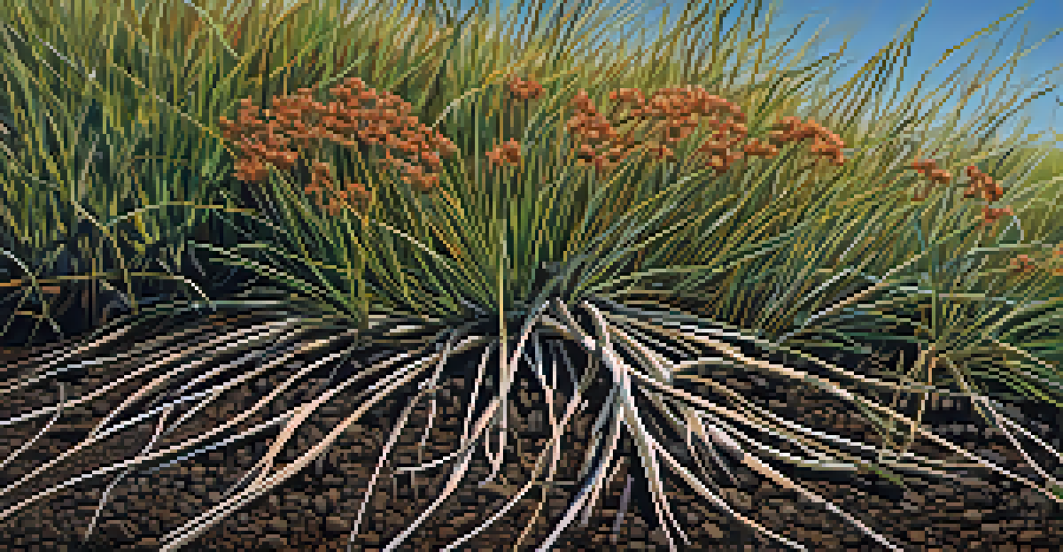 Close-up of deep roots of native grass in dark soil, surrounded by blooming wildflowers under a blue sky.