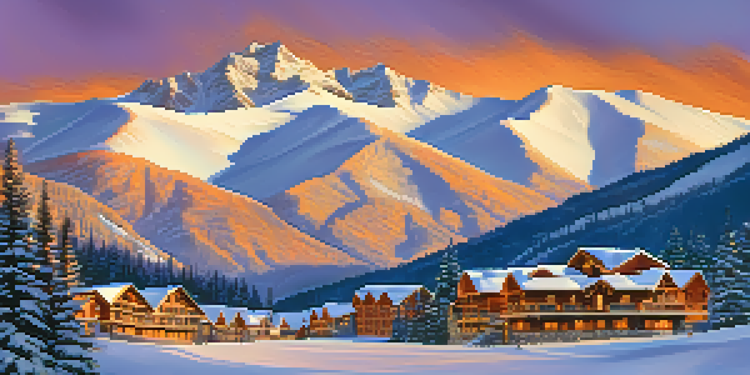 A scenic sunset view of Vail ski resort with snow-covered mountains and skiers on the slopes.