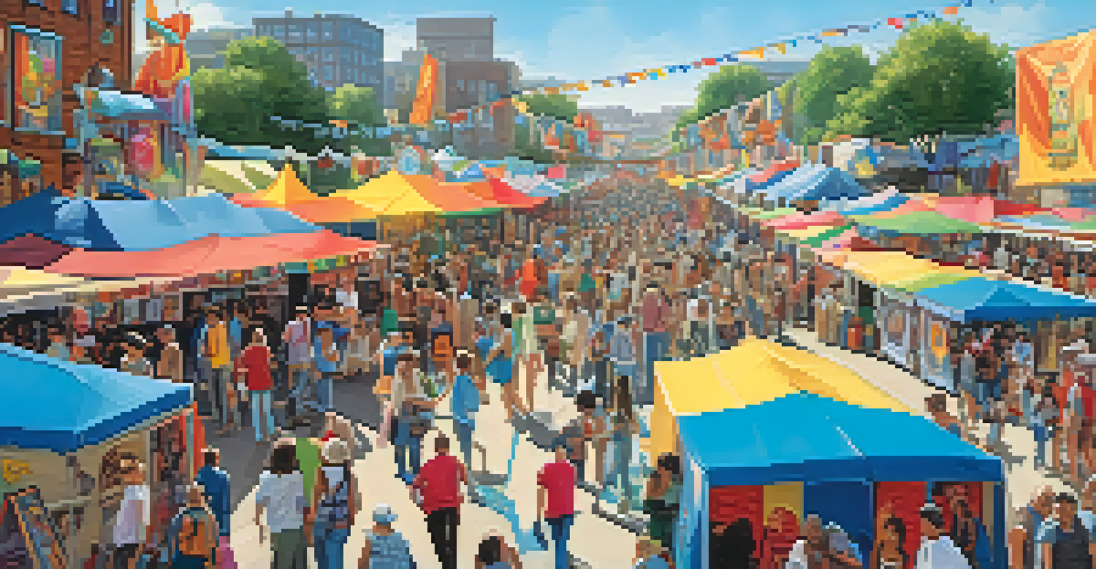 An urban art festival with artists displaying their work, colorful banners, and people of all ages enjoying the lively atmosphere under a blue sky.