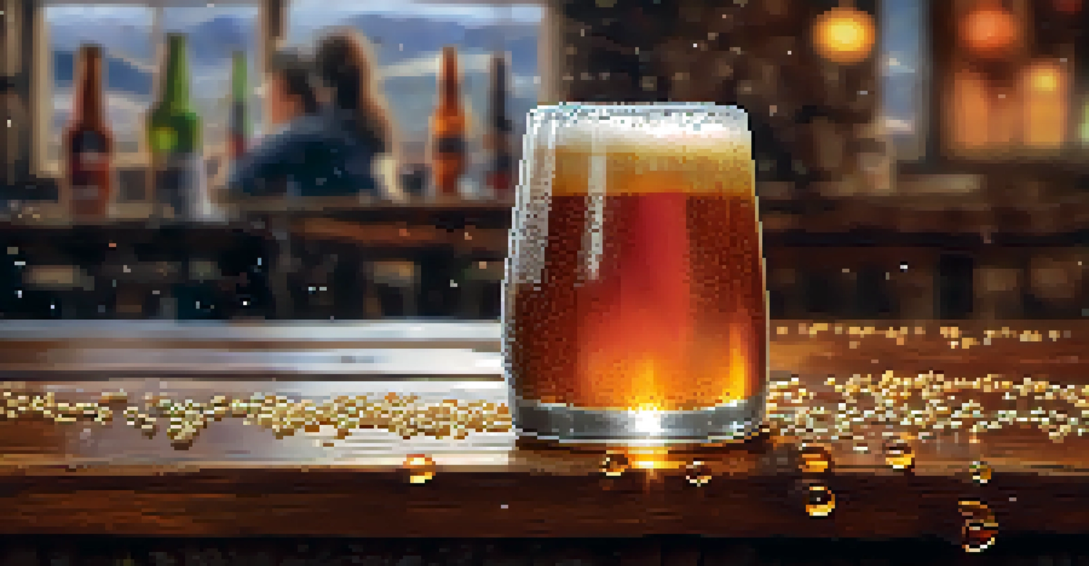 A close-up of a glass of amber ale with condensation, surrounded by barley and hops on a wooden table, with a blurred brewery scene in the background.