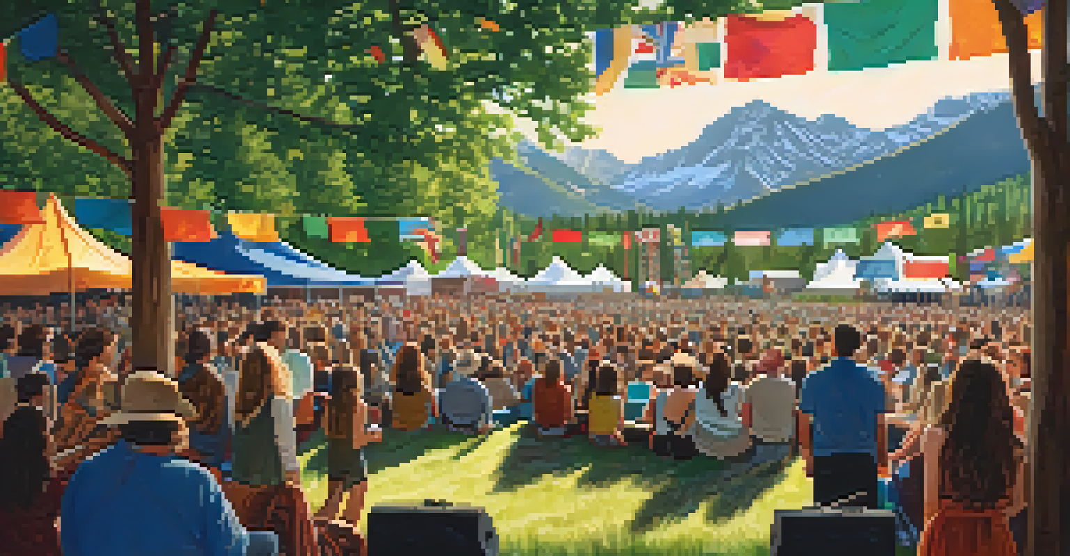 A folk artist performing at the Telluride Bluegrass Festival with mountains in the background and a lively audience.