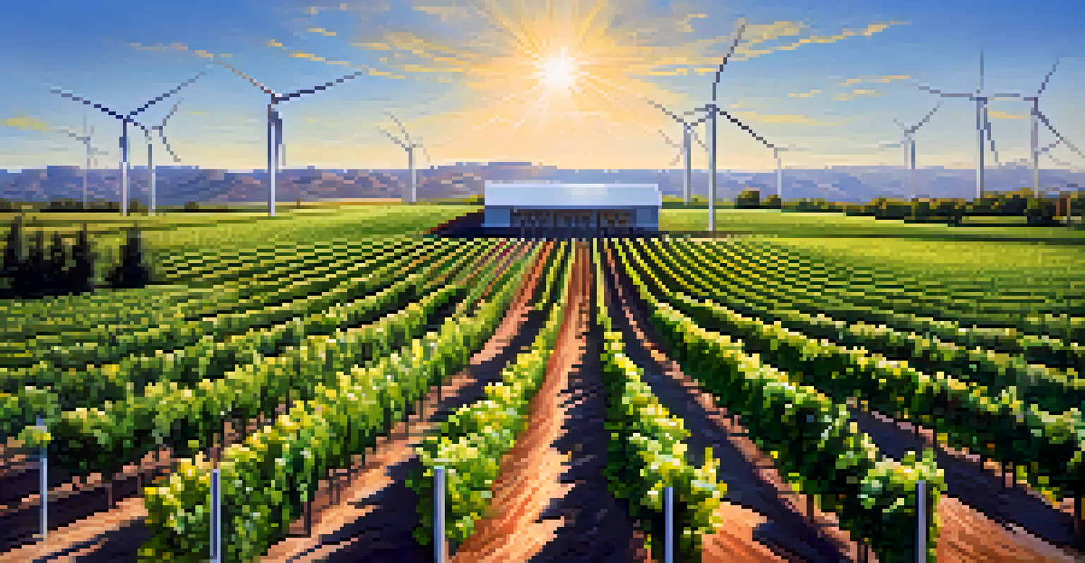 A vineyard in Colorado using solar panels for irrigation, with rows of grapevines and a wind turbine under a clear blue sky.