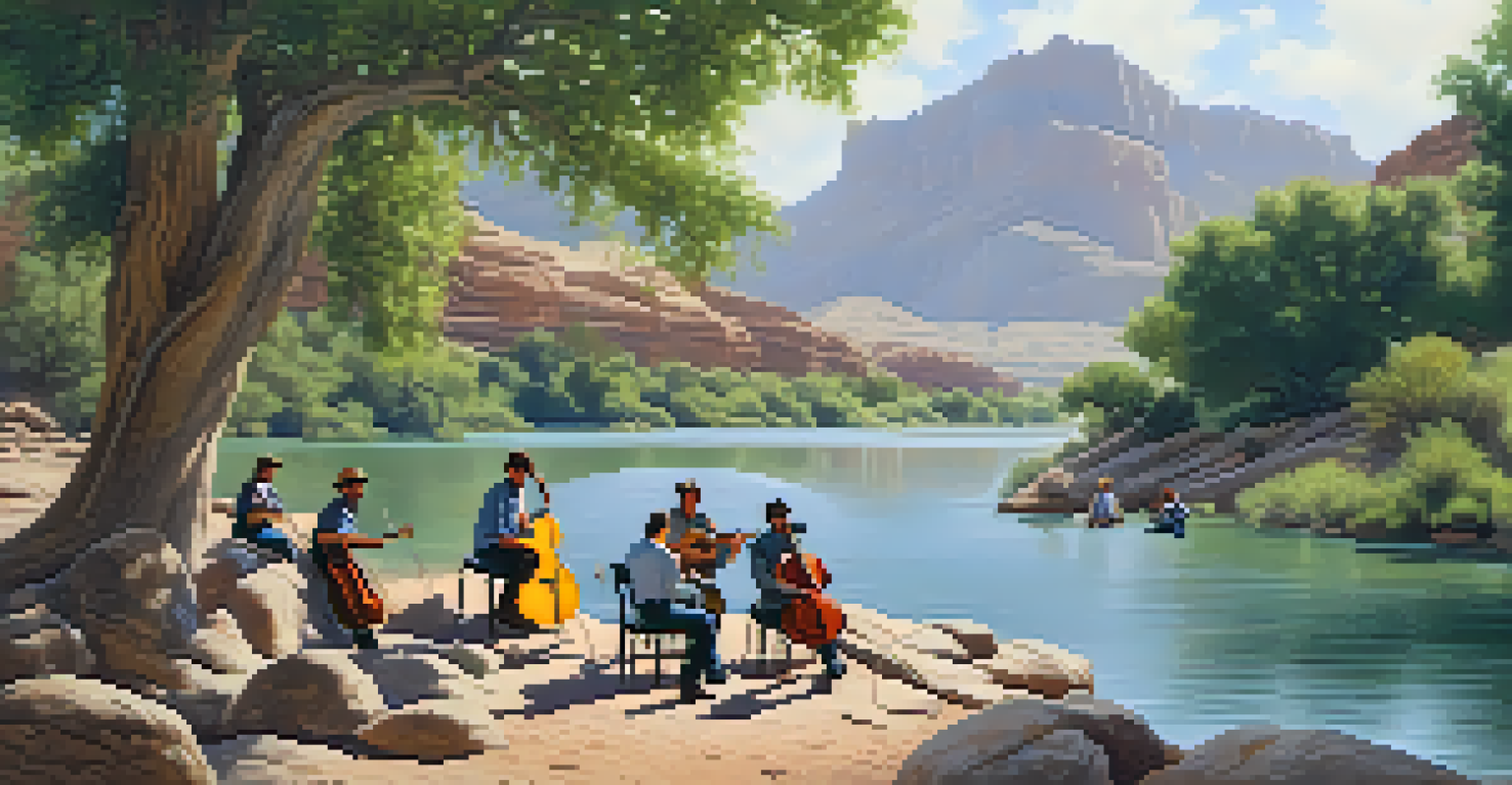 Musicians playing by the Colorado River, surrounded by lush trees and flowing water.