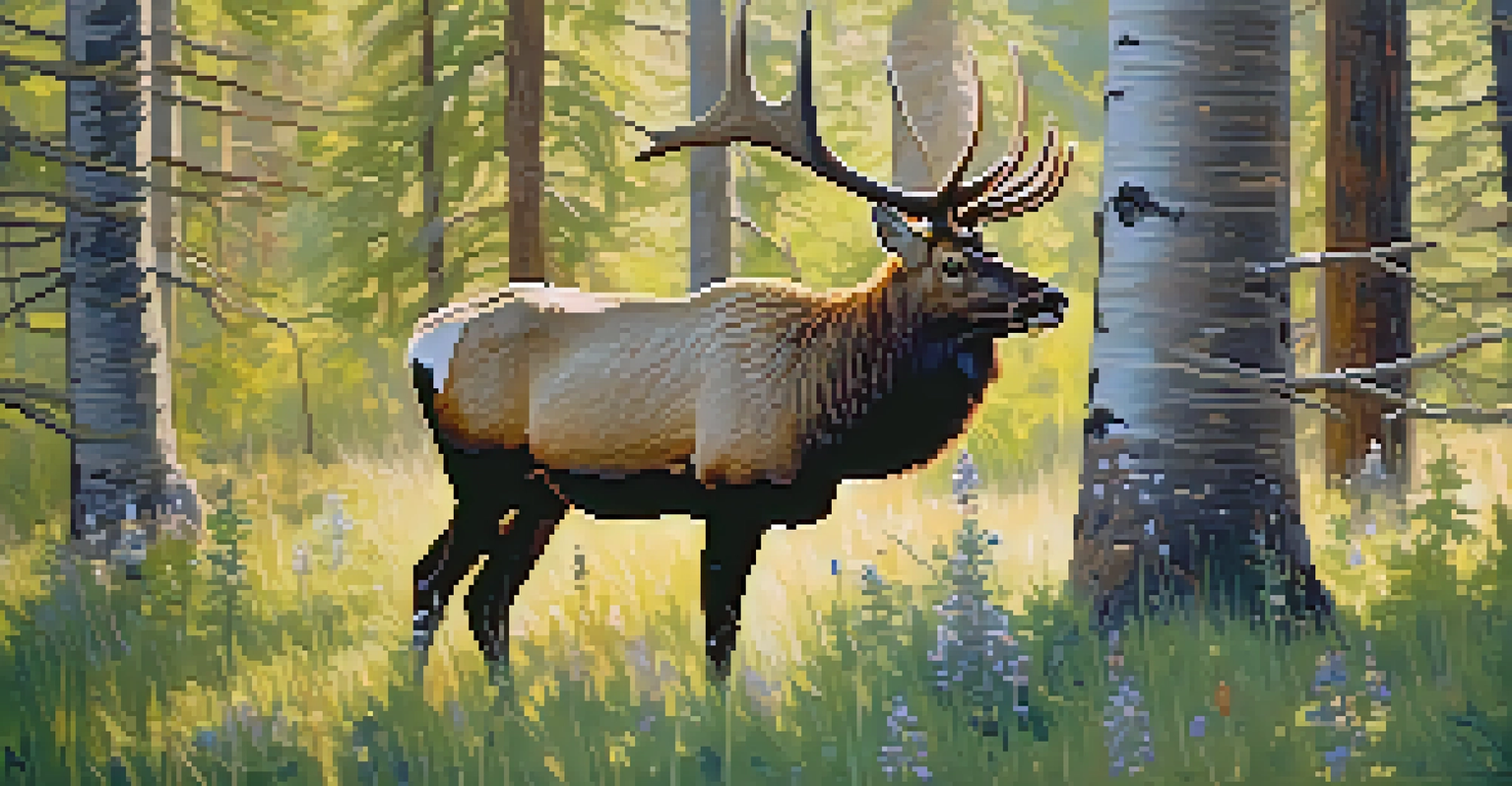 A majestic elk in a Colorado forest with sunlight filtering through trees and wildflowers around.