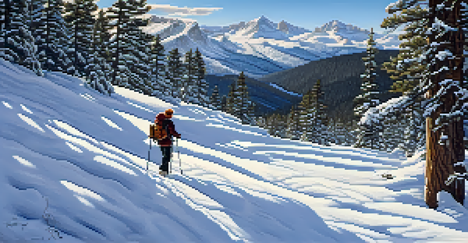 A tranquil winter landscape in Rocky Mountain State Park with a hiker on snow-covered trails surrounded by snowy pine trees.