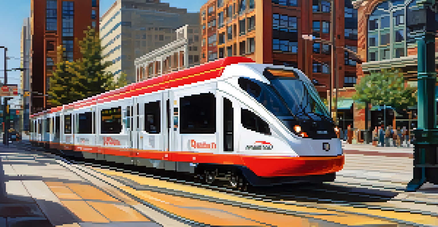 A light rail train moving through a vibrant neighborhood in Denver, with buildings and street art in the background.