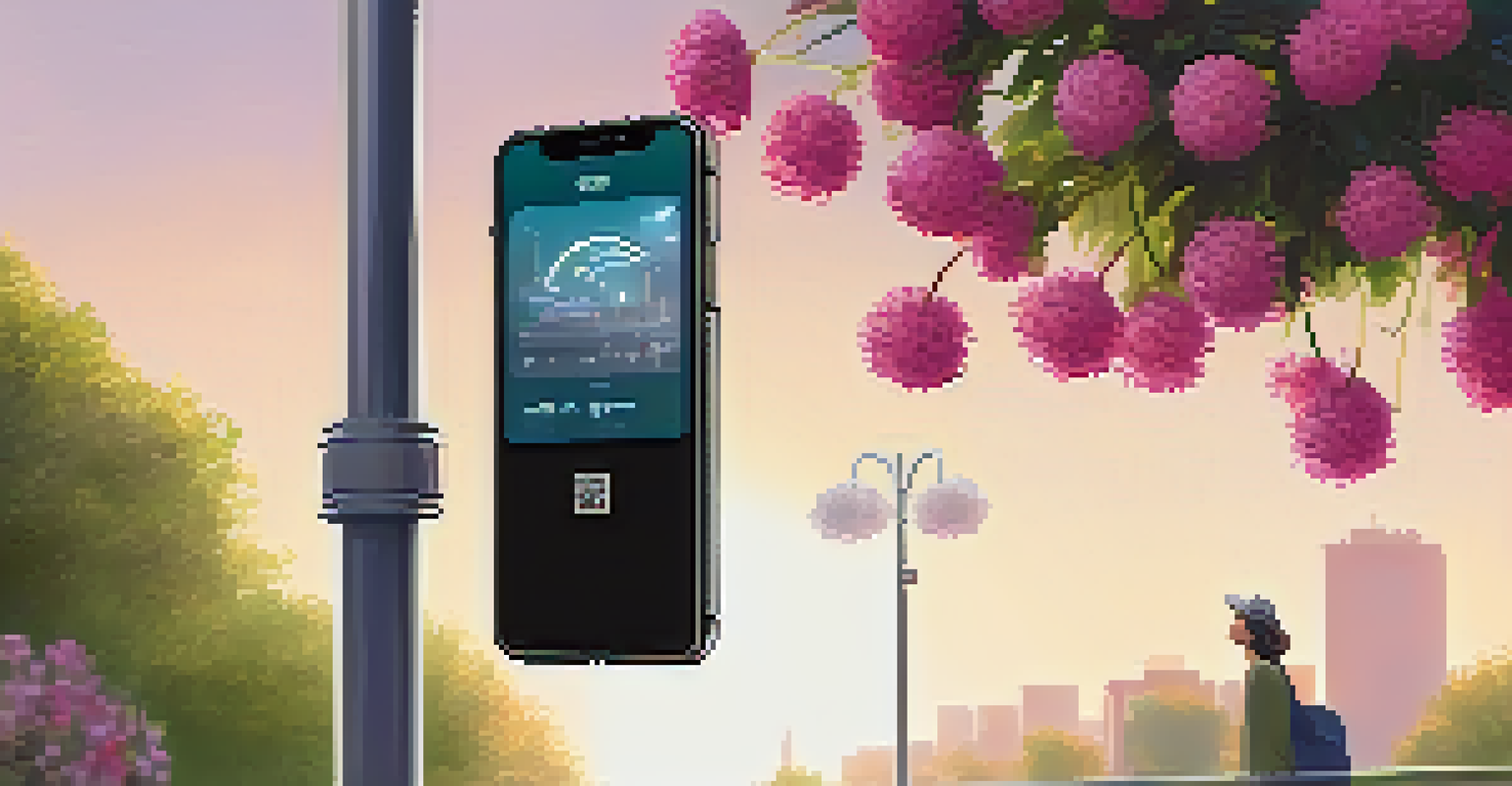 A close-up of an air pollution sensor on a streetlight with flowers and a person using a mobile app in the background.
