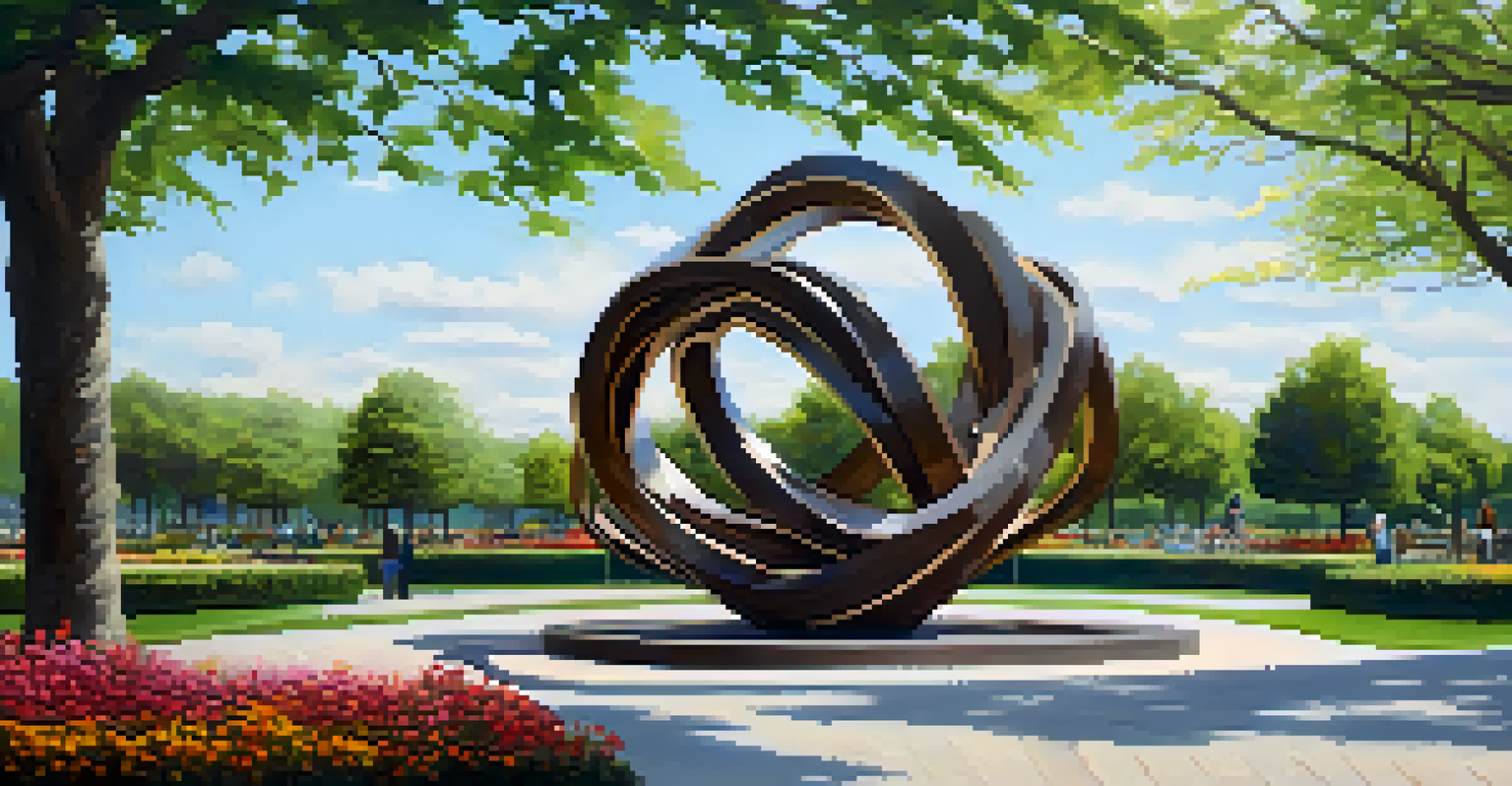 A striking sculpture in a park, surrounded by flowers and greenery, with visitors enjoying the space.