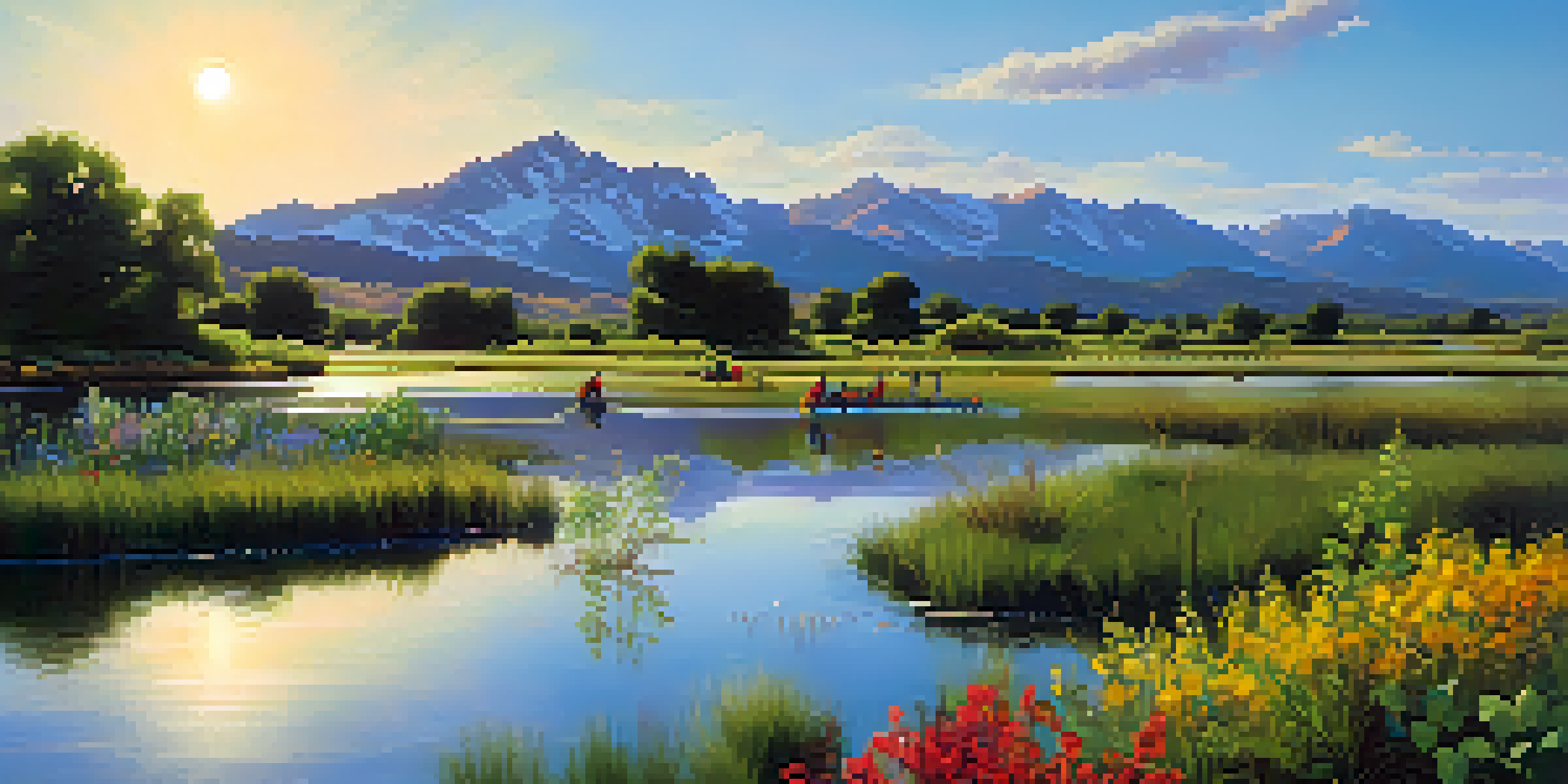 A peaceful wetland restoration scene in Colorado with volunteers planting trees and birds flying overhead.