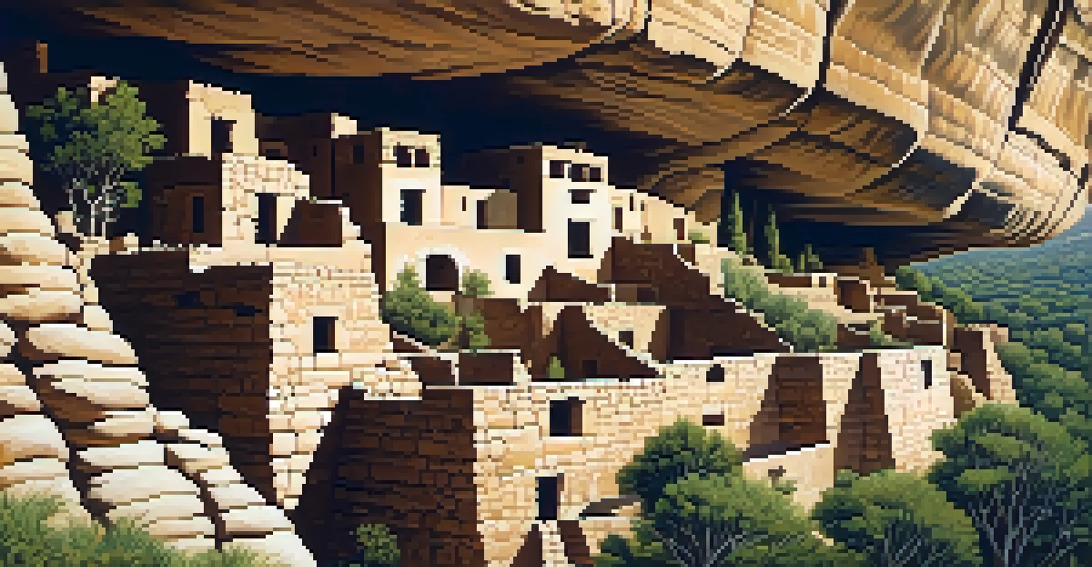 An image of the ancient cliff dwellings in Mesa Verde National Park featuring detailed stonework and natural vegetation.