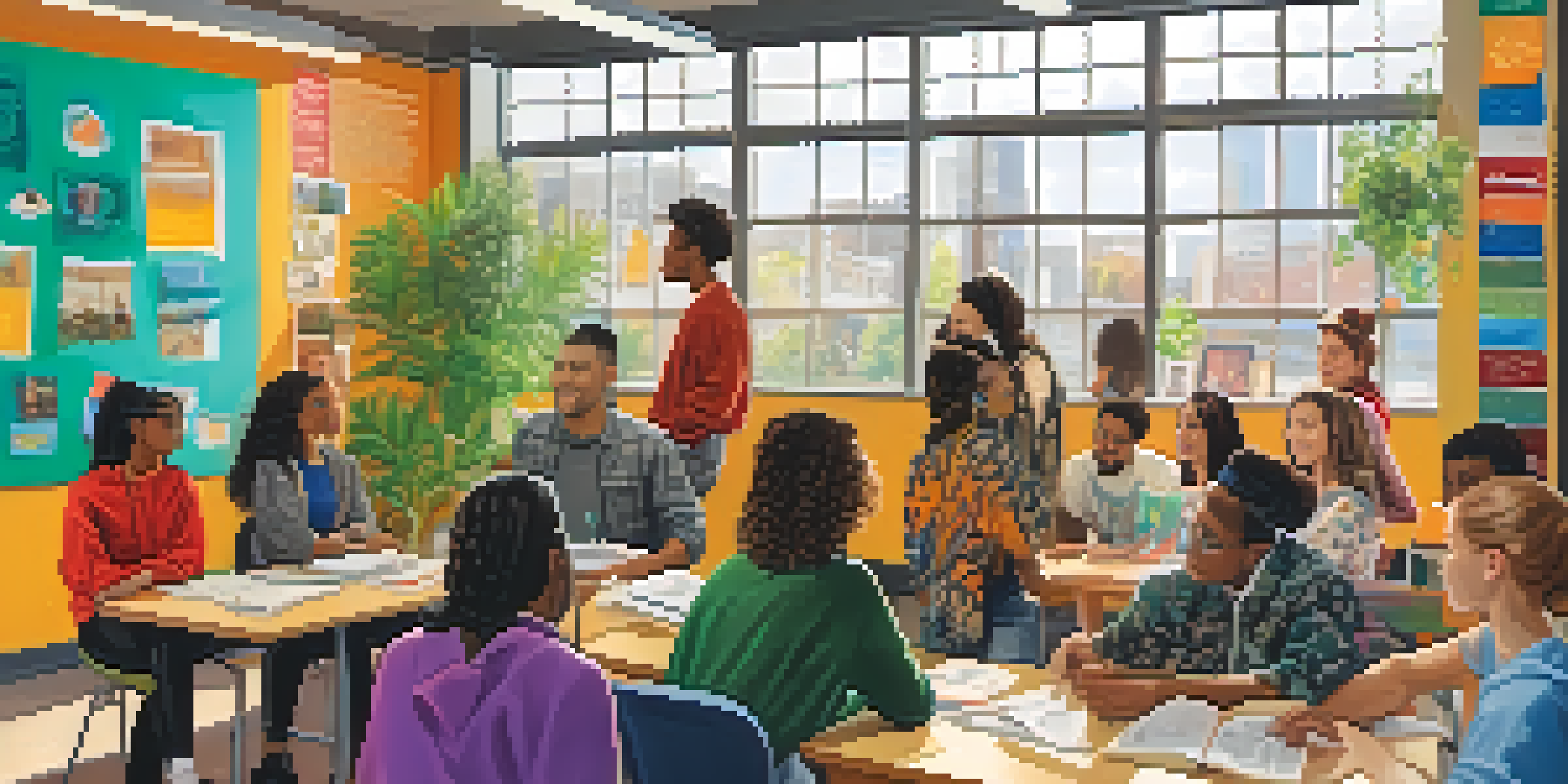 A diverse group of college students working together in a bright classroom, representing different cultures and backgrounds.