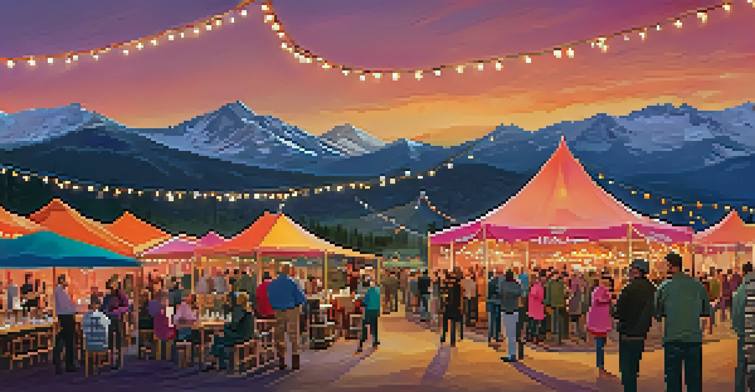 Outdoor distillery event in Colorado at sunset, with people enjoying craft spirits and local food against a mountainous backdrop.