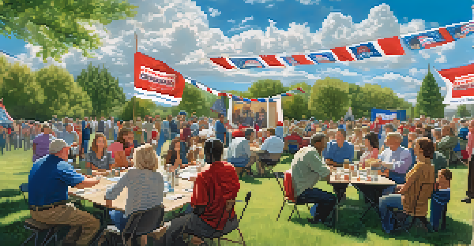A diverse group of Colorado Republicans at a community event, engaging in conversation in a park setting.