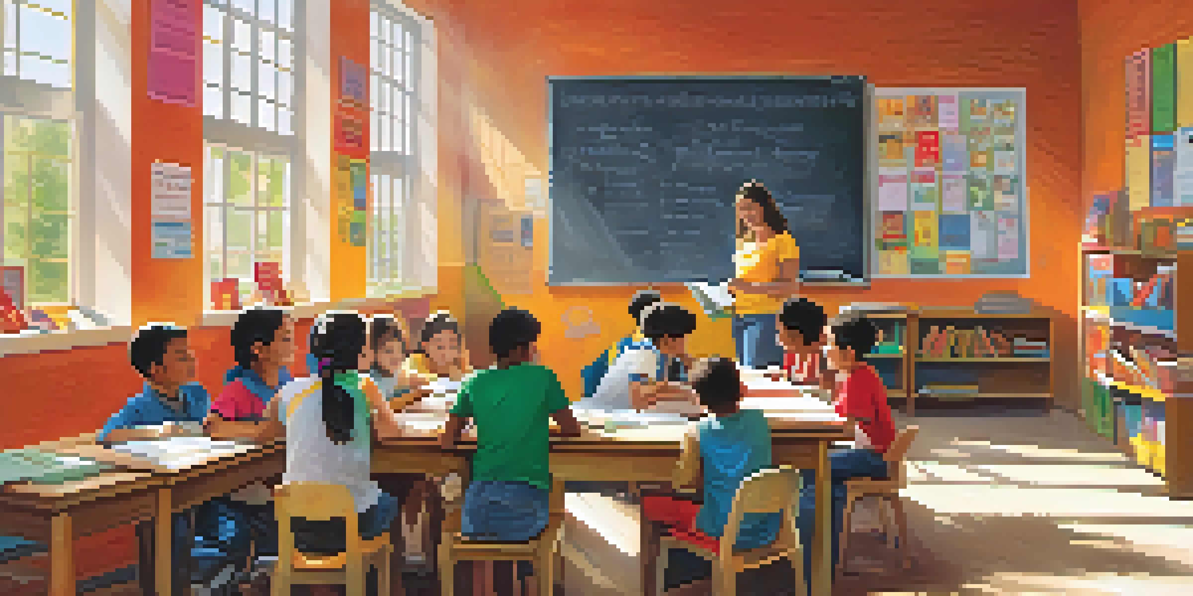 A volunteer tutors a group of enthusiastic young students in a bright classroom filled with educational posters and sunlight.