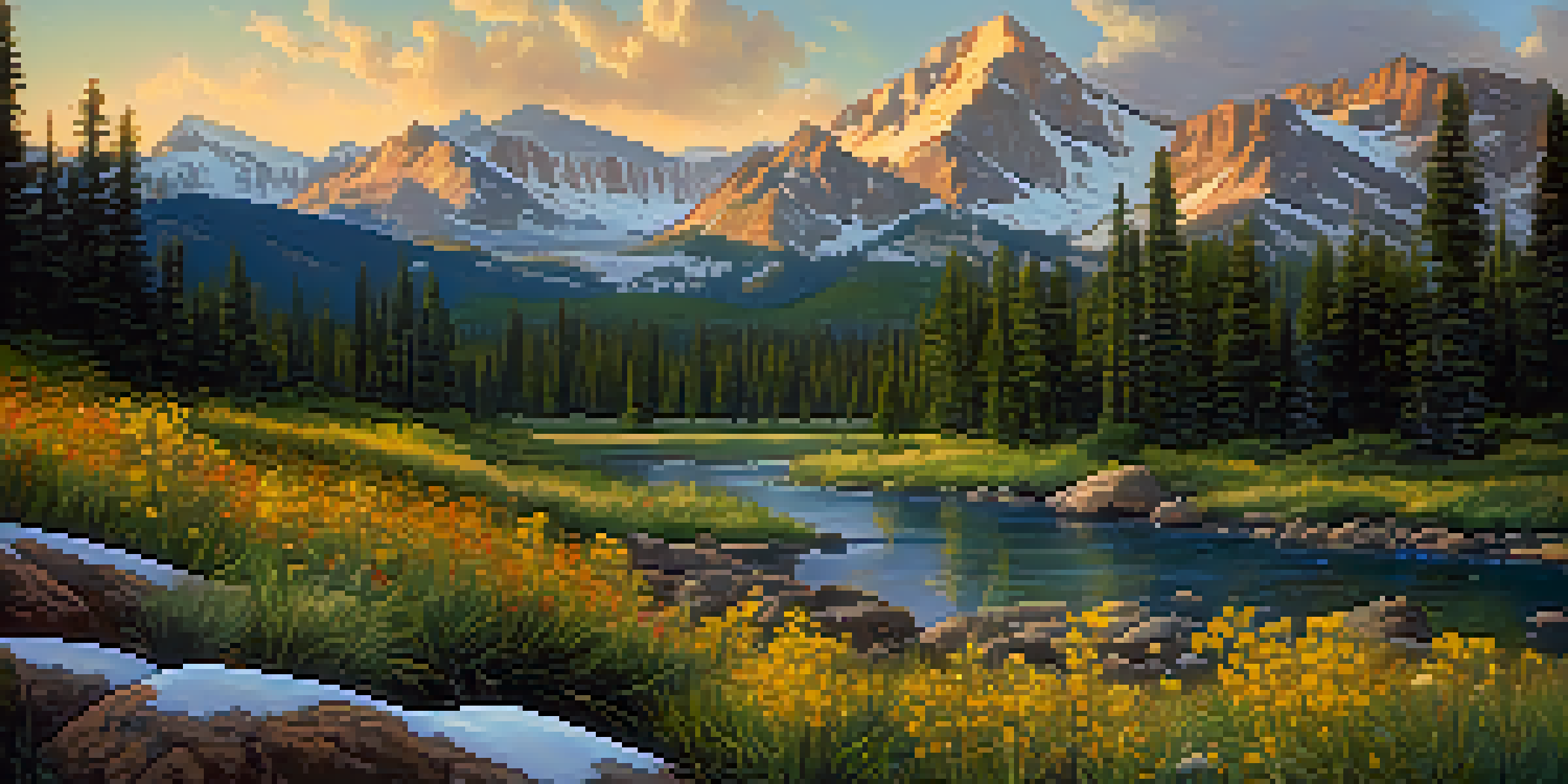 A panoramic view of Colorado's ecosystems, featuring mountains, wildflowers, and a clear blue sky.