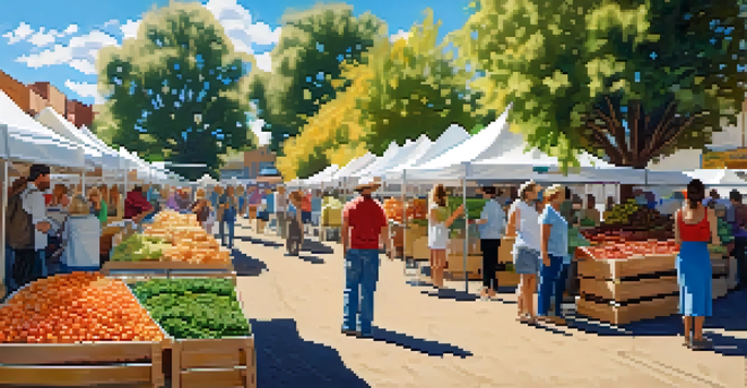 A lively farmers' market in Colorado featuring colorful fresh produce including quinoa, peaches, and leafy greens with vendors and customers enjoying the day.