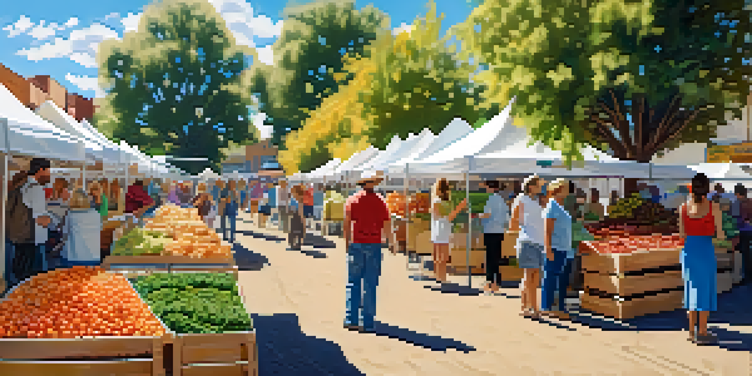 A lively farmers' market in Colorado featuring colorful fresh produce including quinoa, peaches, and leafy greens with vendors and customers enjoying the day.