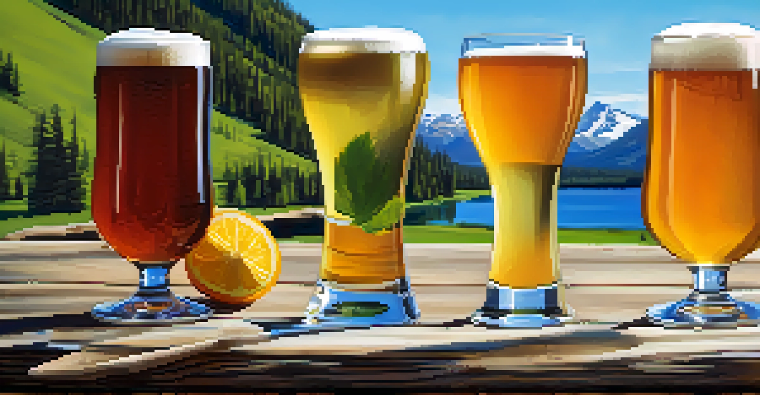 A craft beer flight with four different beers on a wooden table, set against a scenic Colorado mountain landscape.