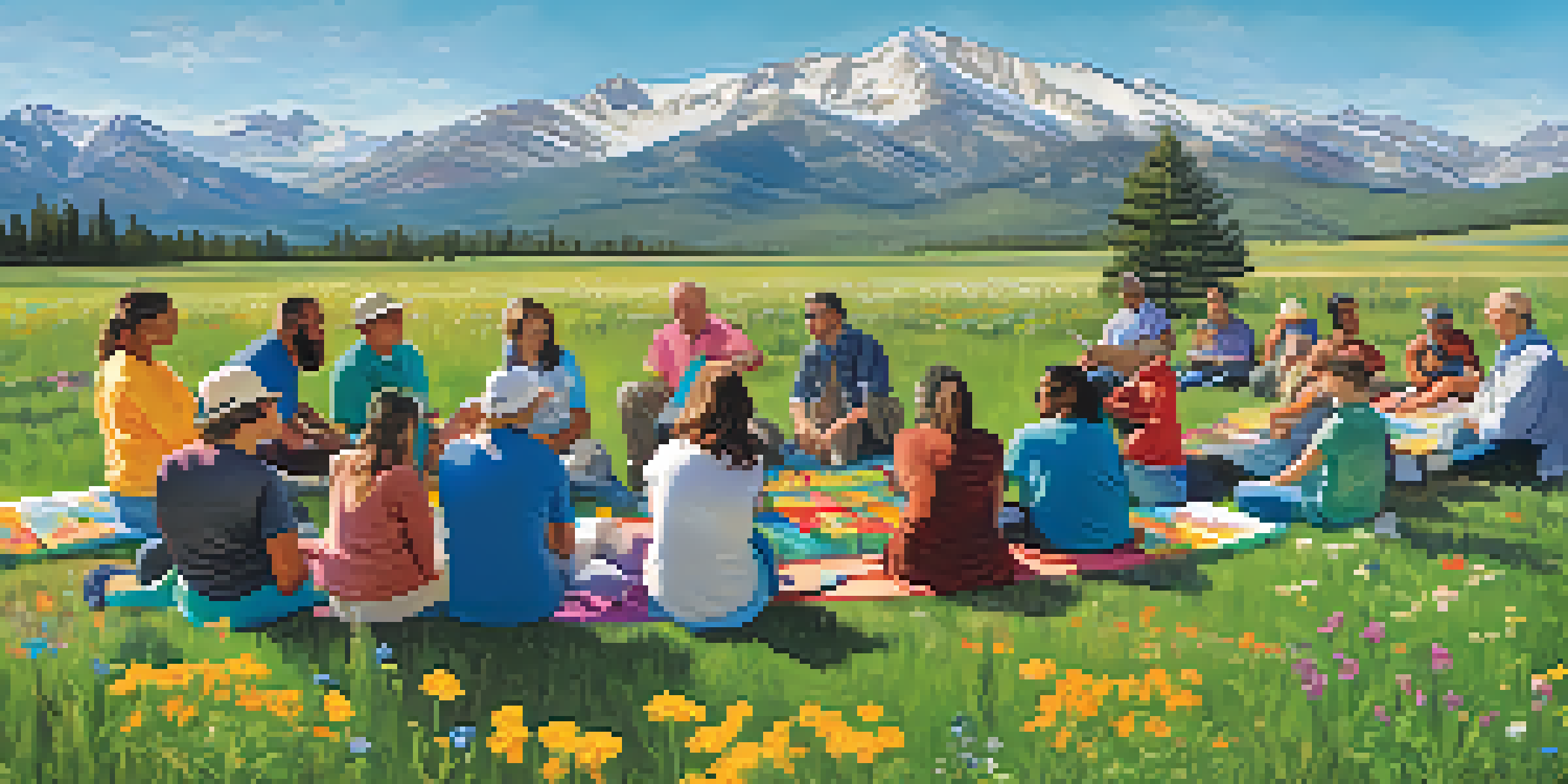 A community mental health awareness event in Colorado with diverse individuals sharing stories against the backdrop of the Rocky Mountains.
