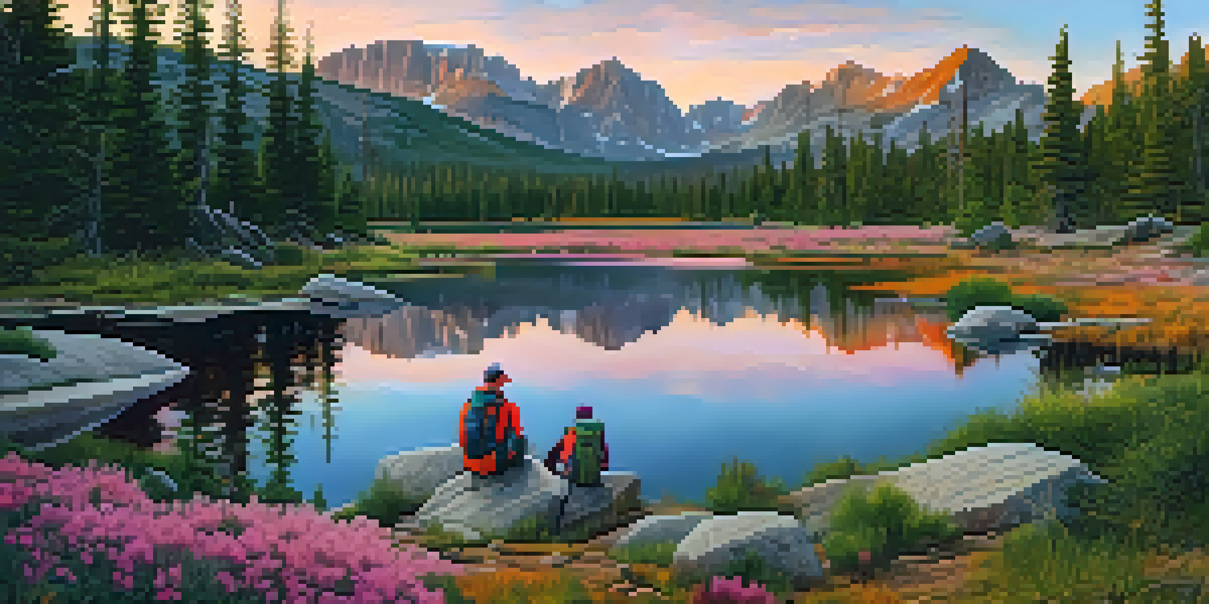A picturesque sunrise view of Rocky Mountain National Park with eco-conscious hikers by a tranquil lake surrounded by pine trees.