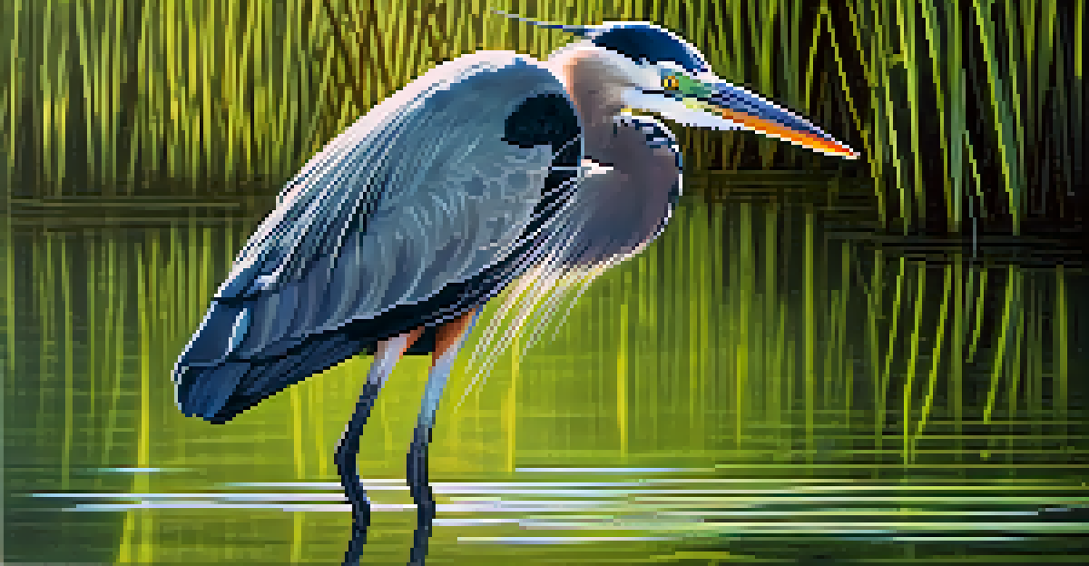 A great blue heron in a wetland, elegantly poised as it hunts for fish amidst vibrant green foliage.