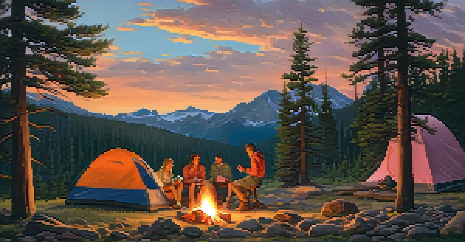 A summer camping scene with friends around a campfire at Rocky Mountain National Park during sunset.
