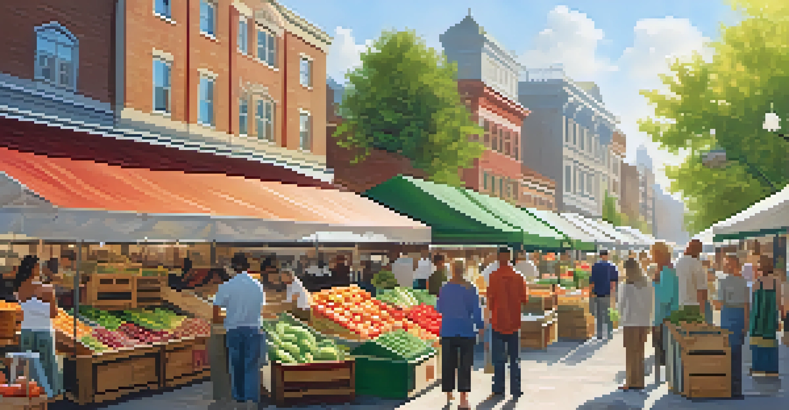 A lively farmer's market filled with colorful fruits and vegetables, with people interacting with vendors under sunny skies.