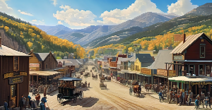A vibrant 19th-century mining town in Colorado with wooden buildings, miners in period attire, and mountains in the background.